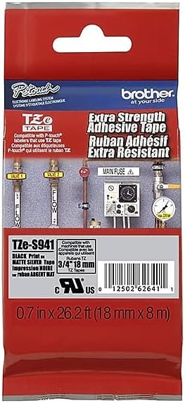 P-Touch 3/4" Extra Strength Adhesive - Black on Matte Silver - 26.2 ft