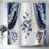 Homewelle Vintage Blue Floral Shower Curtain European Style Elegant Luxury Navy Flower Fancy Modern Retro Girly Women 72Wx72H Inch Artistic Waterproof Polyester Fabric Bathroom Bathtub (No Tie Back)