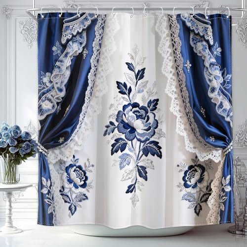 Vintage Blue Floral Shower Curtain European Style 72Wx72H Inch Decor