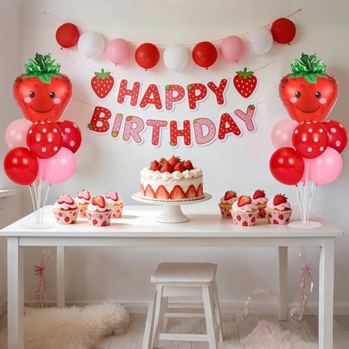 Image of 2 Sets Strawberry Party Balloons Stand Kit with Red and Pink Dot Foil Balloons Sweet Strawberry 1st Party Balloon Centerpiece for Tables for Girls Strawberries Birthday Themed Decorations