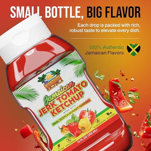 Image of Montego Island Foods Jamaican Jerk Tomato Ketchup - Thick & Rich Premium Ketchup with Scotch Bonnet Peppers, Allspice & Bold Caribbean Spices - All-Natural, Gluten-Free, Vegan - 12 oz Squeeze Bottle