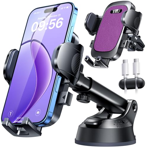 Image of YRU [True Upgrade for Safety] Car Phone Holder Mount [Patent & Military-Grade] Dashboard Cell Phone Holder for Car Vent Windshield Phone Stand for iPhone 17 16 15 14 13 Pro Max Truck Samsung, Purple