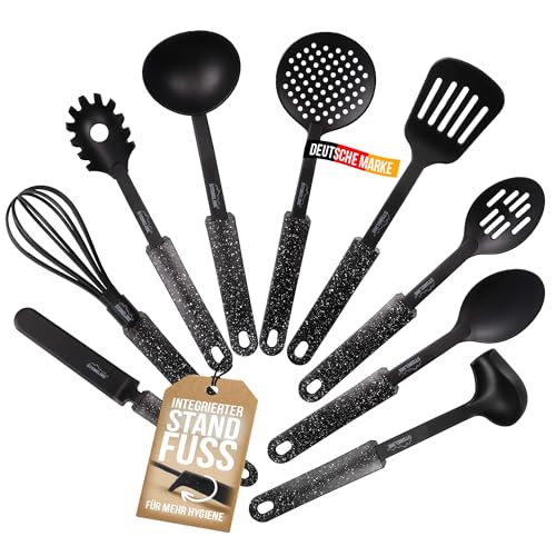 STONELINE 9-teiliges Nylon Küchenhelfer Set mit praktischer Stütze, Hitzebeständige Küchenutensilien für Antihaft Pfanne Topf, Hygienisches Küchenzubehör mit integrierter Küchenhelferablage, Schwarz