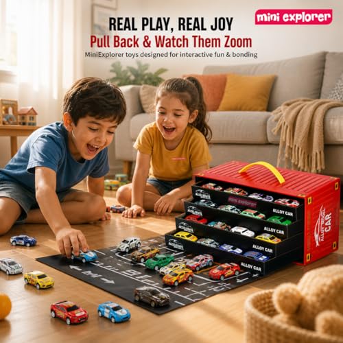 Image of MiniExplorer 48 Pcs Pull Back Cars Set for Kids | Racing Toy Cars Bulk Pack with Storage Container & Play Mat | Mini Alloy Vehicle Set for Boys & Girls 3-8 Years | Return Gifts, Party Favors