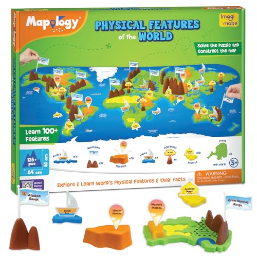 Imagimake Mapology World Physical Features | 3D Puzzle | Age 5+ | 3-ft world puzzle: river, lake & desert pieces plus 3D mountains & plateaus; learn 100+ physical features; dual-sided mat