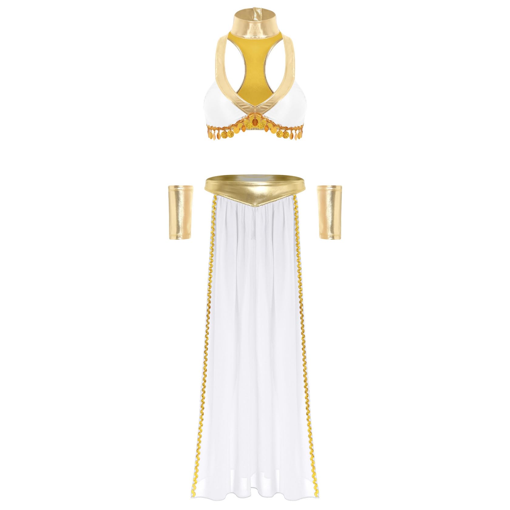 Sywiyi Costume de cosplay de déesse égyptienne Cléopâtre pour femme - Brillant - Jupe longue avec col - Manchettes à thème - Costume de carnaval