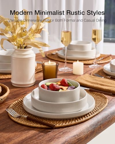 Image of Famiware Star 12-Piece Stoneware Dinnerware Sets for 4 - Dinner Plates, Pasta Bowls, Cereal Bowls, Dishes for Everyday & Formal Use, Chip & Scratch Resistant, Microwave & Dishwasher Safe, Matte White