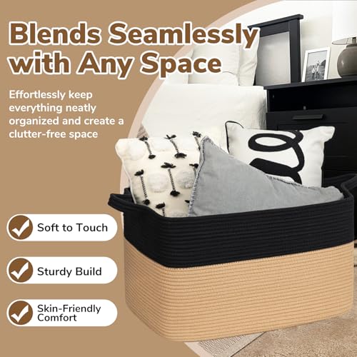 Image of Goodpick 85L Large Woven Rope Blanket Basket, Rectangle, Black & Camel