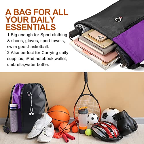 Image of BeeGreen Purple Drawstring Backpack Sports Gym Bag for Women Men Large Cinch Sack workout Bag with Zipper and Water Bottle Mesh Pockets, 16 x 20 inch