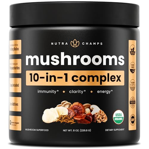 NutraChamps Organic Mushroom Powder - 10-in-1 Complex - Mushroom Supplement Powder Blend for Memory Focus & Immune Support - 8oz (8.0 OZ Mushroom Blend)
