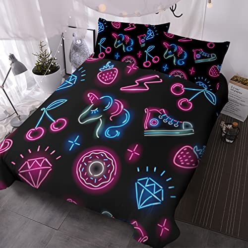 BlessLiving Neon Unicorn Queen Bedding Sets Kids Girls Boys Unicorn Bed Set Pink Blue Cute Print Bedspreads 3 Piece Black Unicorn Duvet Cover Sets (Queen)