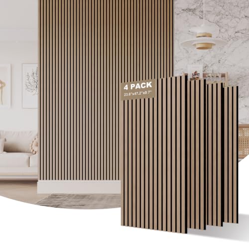 Image of AKUMAX Extra-Thick 0.7 inch Wood Slat Acoustic Wall Panels, 4 Pack 47.2 inch x 23.6 inch, 31 ft, NRC 0.80 Sound Absorbing 3D Slat Wall Paneling with Real Wood Veneer, E0 MDF and PET Felt, Walnut