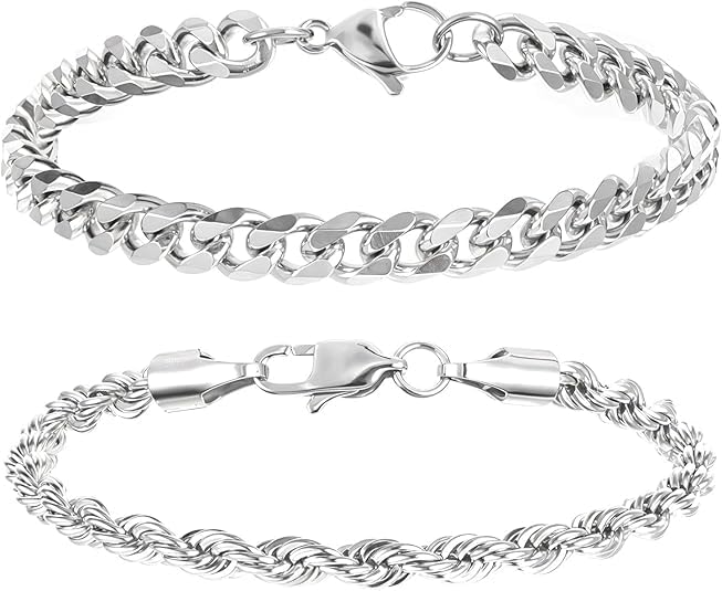 2 PCS Silver Bracelet for Men Chain, Metal Curb Width Cuban Link Chain Bracelet for Gift to Men Dad Husbands Boyfriends