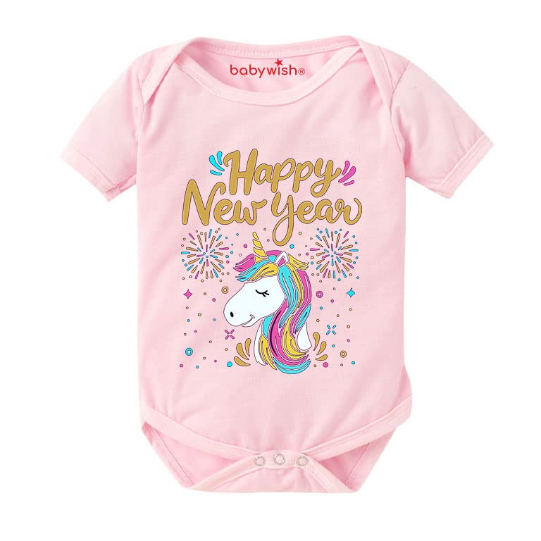 My First New Year Romper Clothes Baby New Year Bodysuits Newborn Outfit My 1st New Year Printed Romper with Envelop Neck Half Sleeve Unisex Rompers Infant Dress Unicorn Horse Print