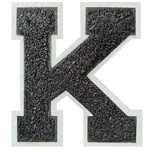 2Pcs Black/White Chenille Letter, 4.5" Iron on Letters Patches, Chenille Stitch Varsity Letter Patches for Clothing (K)