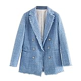KEAIBAOBAO Damen Langarm Blazer - Damenmode Bürokleidung Zweireiher Tweed Blau Blazer Mantel Vintage Langarm Ausgefranste Weibliche Oberbekleidung Chic Tops Mit Taschen,Blau,Xs