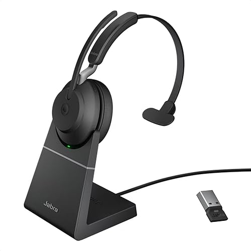 Jabra Evolve2 65 Auriculares inalámbricos MS USB Mono con soporte, USB Bluetooth Dongle, compatibles con equipos, Zoom, Smartphones, tabletas,