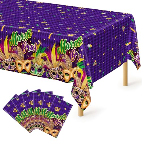 Image of 6 Pcs Mardi Gras Decorations, 54 X 108 Inches Mardi Gras Tablecloth Rectangular Table Cover, Disposable Purple Masquerade Mask Feather Tablecover, Plastic Tablecover For Masquerade Party Decorations