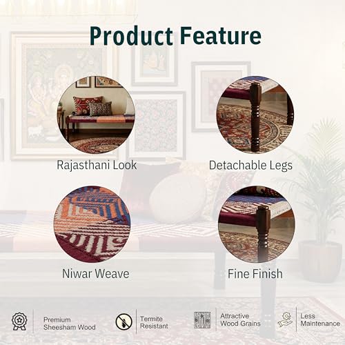 Image of Solid Sheesham Wood Charpai Khat | Handcrafted Daybed Khatiya Charpai with Cotton Rope | Traditional Khat Bed Wooden Diwan Cot for Living Room | 6X3 Feet (Dori 17)