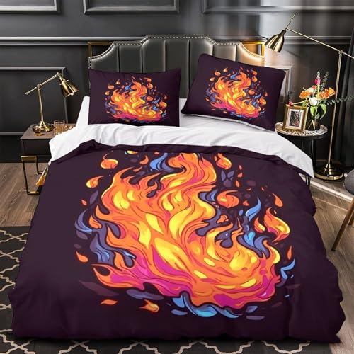 Housse de couette flammes 3D microfibre lit double sans décoloration