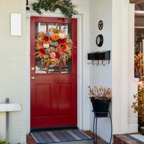 Image of 24 Inch Fall Wreaths for Front Door, Rustic Autumn Wreath with Hello Sign