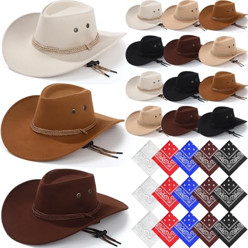 Image of Coume 15 Set Western Cowboy Hat Costume Accessories Paisley Bandanna Cowgirl Hats Bulk for Adult Women Men Dress Party
