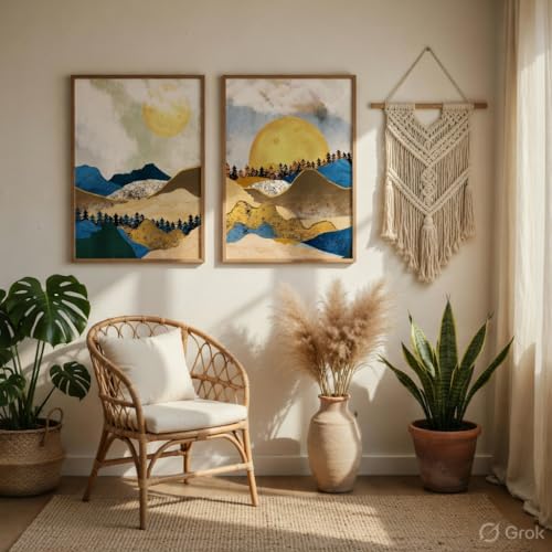 Image of Livin'luxe Abstract Mountain Landscape Wall Painting Set of 2 with Wooden Frames | Modern Sun Mountain Artwork HD Sparkle Laminated MDF Wall Decor | Nature Wall Art for Living Room