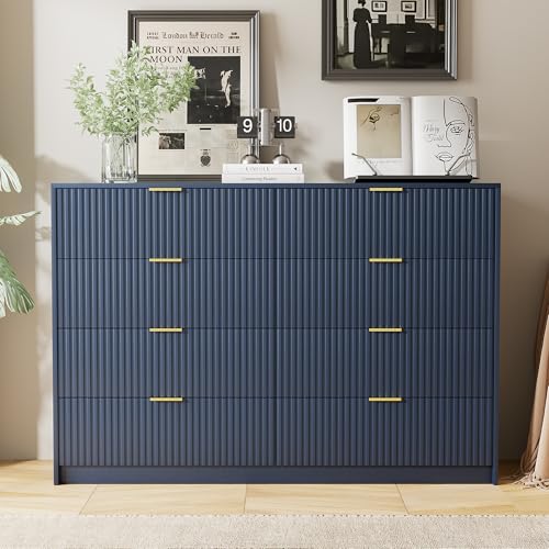 Image of Furniway Navy Blue Dresser for Bedroom, Modern Dresser with 8 Drawers and Smooth Slides, Wide Chest of Drawers with Golden Handles for Bedroom, Closet, 15.7 inch D x 55 inch W x 37.4 inch H