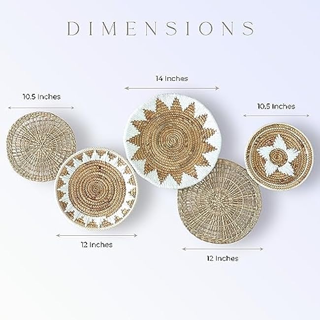 TheNamiCollection Woven Wall Basket Set - Five Hanging Seagrass Baskets | Decorative, Boho Styled Baskets Perfect For Trendy, All Natural Home Decor | Handmade, Round, Woven, Hanging Wall Basket Decor