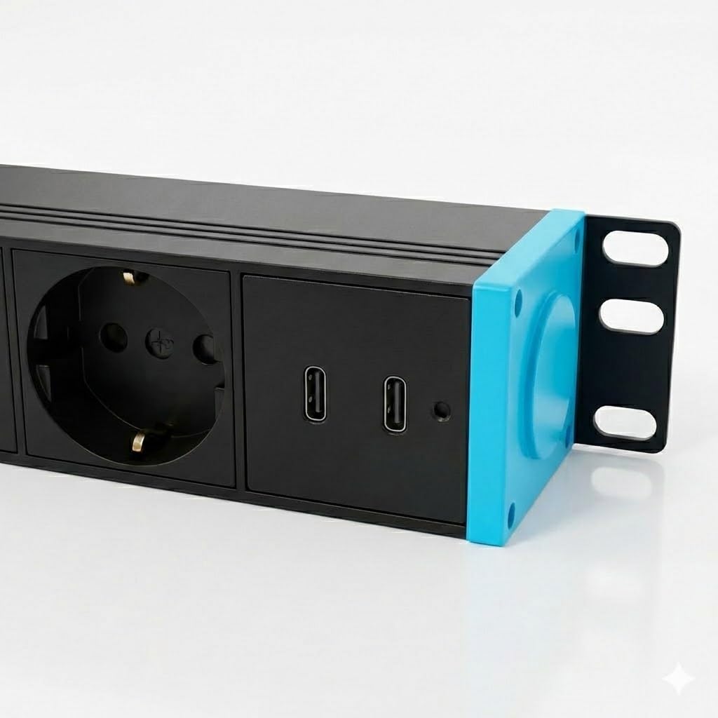 INSV1002USBC Infitronic 19" PDU/listwa zasilająca 1U, 8-krotna, obracana o 360°, 2 x USB-C, 3680 W/16 A, aluminiowa, do montażu na ścianie i szafie serwerowej, czarna