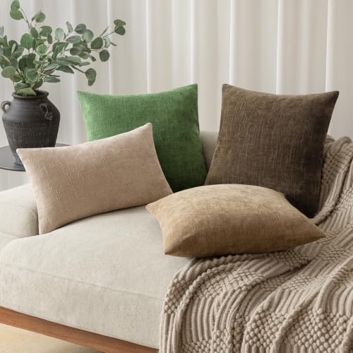 Image of Foindtower Pack of 2 Soft Textured Chenille Throw Decorative Pillow Covers Square Accent Solid Cushion Cover Cozy Neutral Farmhouse Pillow Case for Couch Sofa Bed Living Room 24x24 Inch,Forest Green