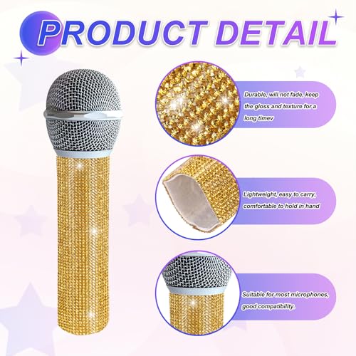 Housse de poignée de microphone dorée ornée de strass brillants - 3