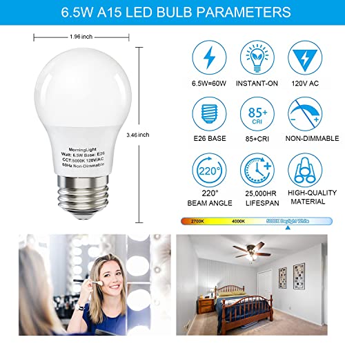 Morninglight 6 Pack A15 Led Bulbs 60W Equivalent, Daylight 5000K, E26 Base, Non-Dimmable, 6.5W 600 Lumens Bulb, A15 Led Light Bulbs For Ceiling Fan, Wall Sconces, 25000+ Hours Lifespan #TOP1
