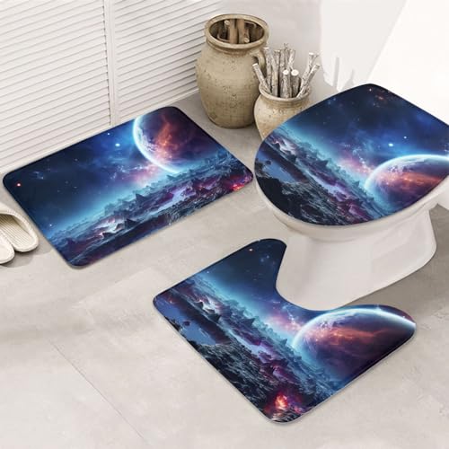 Dwrepo 3D Planet Space Stars Print Bathroom Rug Set 3 Piece with Non-Slip U-Shaped Contour Mat and Toilet Lid Cover for Bathroom Decoration