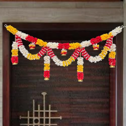 Image of iHandikart Handmade Beads Toran with Golden Beads, Bell Bowl & Gajra, Traditional Door Used for Home, Festive Decoration & Housewarming, Size 40x11 Inches (T0036)