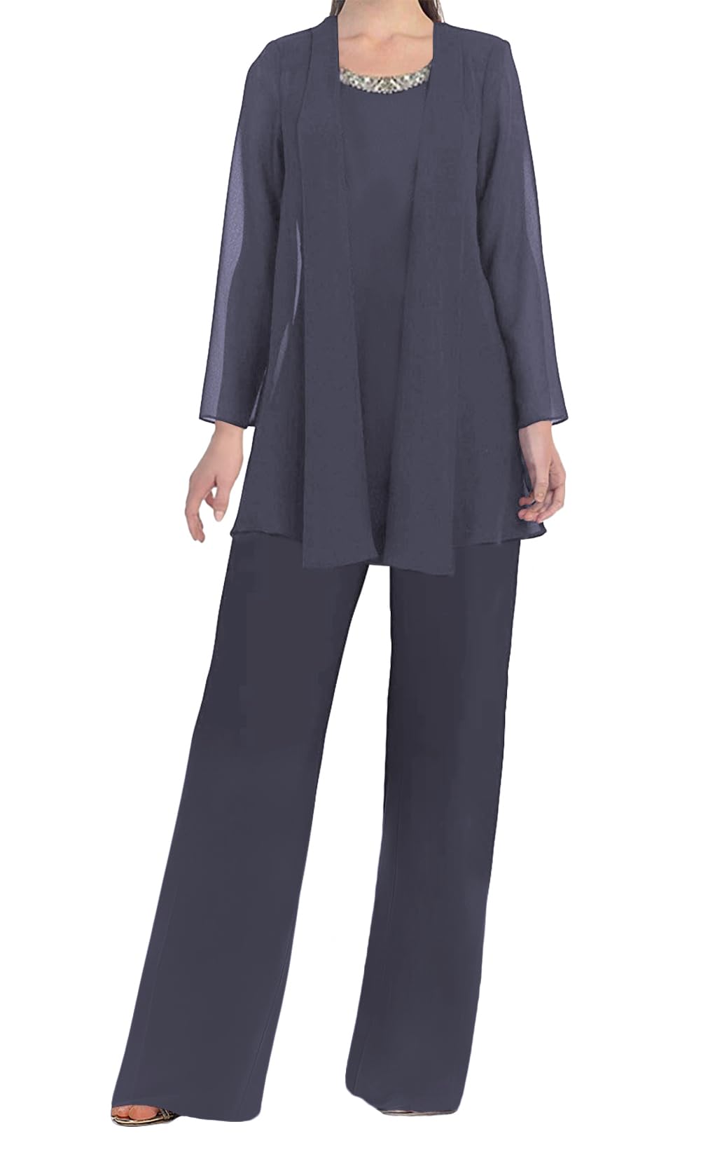 Womens Chiffon Mother of The Bride Pants Suits 3 Pieces Evening Formal Dress Outfit Prom Wedding Party Gowns
