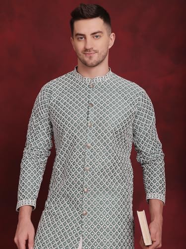 Image of Jompers Men's Silk Blend Regular Fit Sequin Chikankari Front Open Kurtas