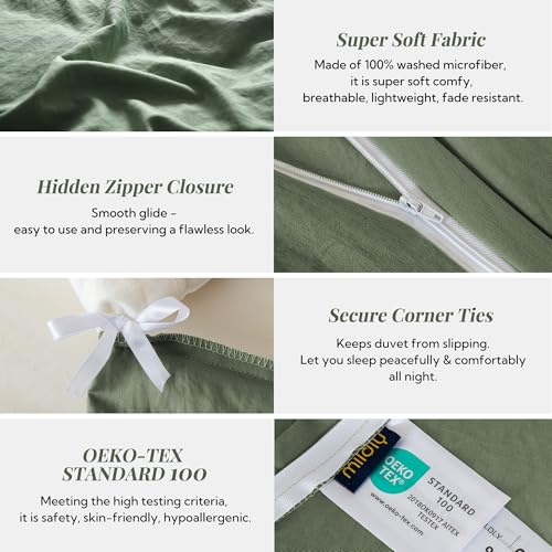 Image of MILDLY Duvet Cover Twin Ultra Soft Comforter Cover Set 2pcs, Olive Green | Washed Microfiber Cotton-Like, Breathable Comfort, Hidden Zipper, 8 Corner Ties, OEKO-TEX Certified, Fade Resistant