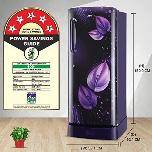 Image of LG 224 L 5 Star Inverter Direct-Cool Single Door Refrigerator Appliance (GL-D241APVZ, Purple Victoria, Base stand with drawer & Smart connect, Gross Volume- 235 Ltr.)