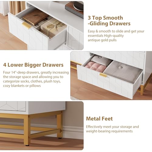 Dresser for Bedroom, 53.5" Wide Dresser Organizer, 7 Drawer with Golden Metal Handle and Legs, Modern Chest of Drawers for Closet, Hallway, Living Room, Entryway, White