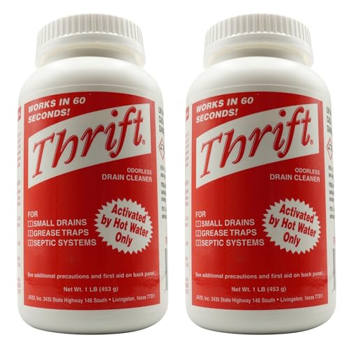 Thrift T-100 Odorless Drain Cleaner Hot Water Activated Drain Cleaner for Small Drains Grease Traps Septic Systems & Sewer Lines 1 Pound Bottle (Pack of 2)