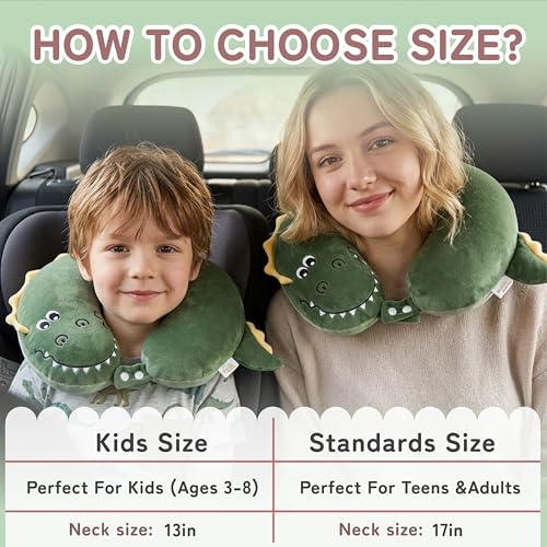 Image of Kids Travel Neck Pillow for Ages 3-8 with Memory Foam, Crocodile | Removable cover, 13 in neck size, hidden zipper, machine washable, head and chin support, car seat and airplane use