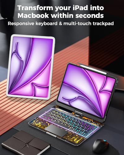 SIEBITU Clear Wireless Keyboard Case for iPad Air 13-inch (M3 2025/M2 2024) & iPad Pro 12.9-inch 6th 5th 4th 3rd Gen with Pencil Holder, Multi-Touch Trackpad & 7-Color Backlit, 360°Rotating, Black