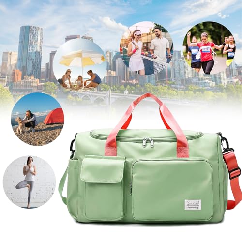 Image of Suruid Gym Bag with Shoe Compartment, Sports Duffle Bag for Women, Birght Green Pink, 19.68 x 11.02 x 11.02 inches | Dry Wet Separation Pouch, For Men and Women, Overnight Weekender Training Handbag Yoga Bag