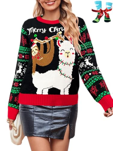 Image of Cute Christmas Sweater for Women Long Sleeve Crewneck Ugly Christmas Sweater Loose Pullover Knitwear