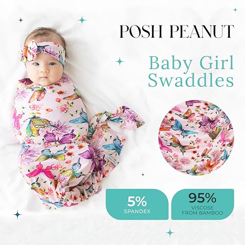 Image of Posh Peanut Swaddle Blanket & Headband Set - Viscose from Bamboo Stretchy Baby Swaddle for Newborn Girls, Receiving Blanket or Nursing Cover (Watercolor Butterfly)