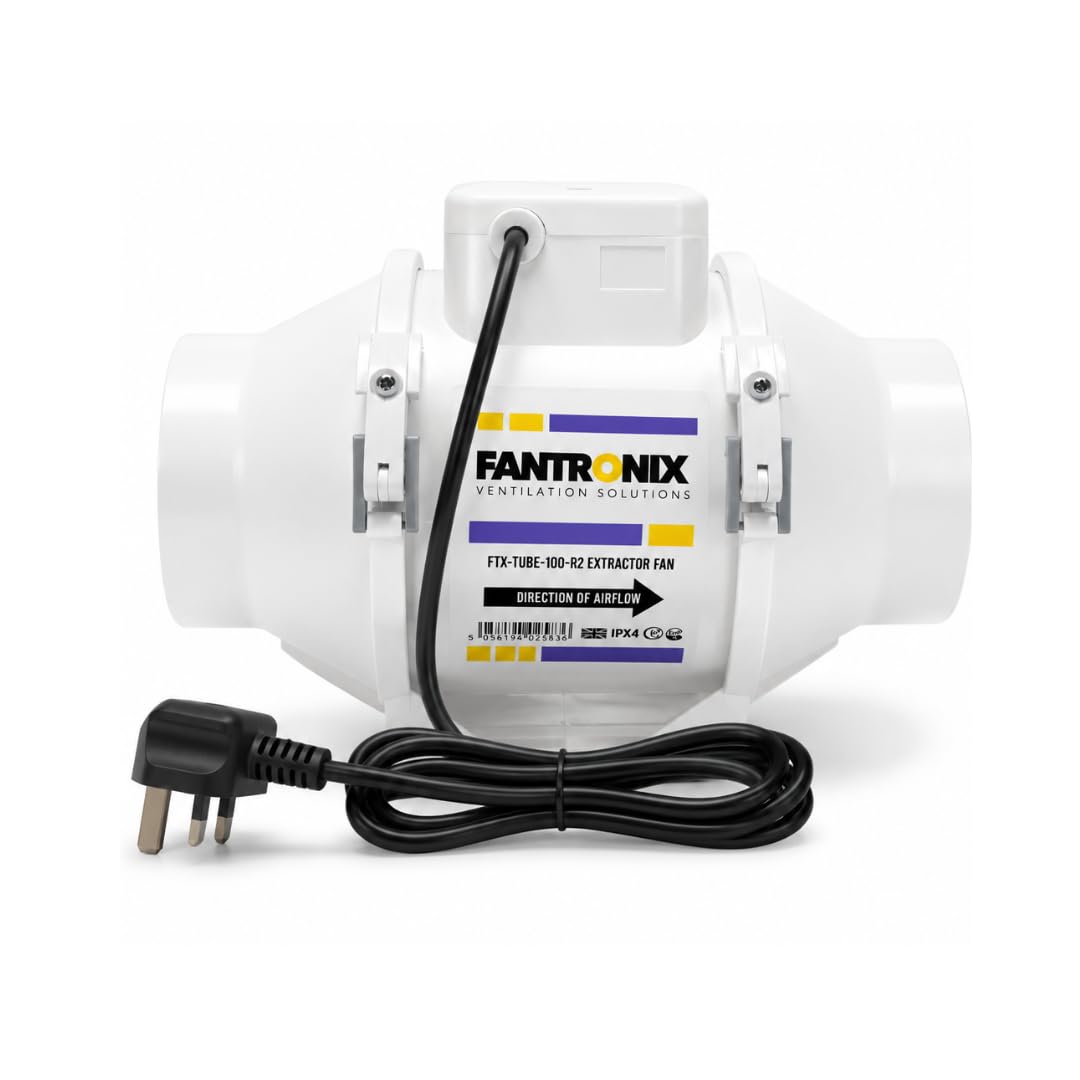 Fantronix 100 mm (4”) Inline Extractor Fan with UK Plug – Powerful Bathroom & Grow Room Ventilation Fan, Energy Class E