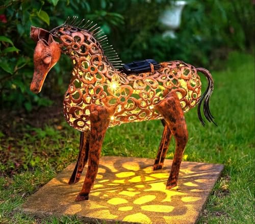Garden Mile Filigranes Pferd, solarbetriebene Gartenornamente, Bronze-Effekt, Metall-Silhouette, Garten, Tierstatuen und Skulpturen, LED-Lichter, vielseitige Outdoor-Ornamente, Dekoration