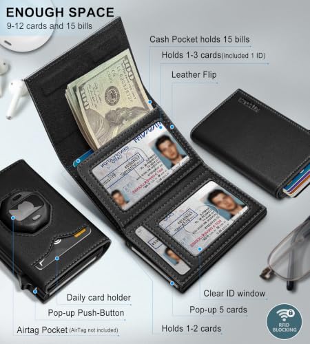 Image of miyozi Wallet for Men: Compatible with AirTag, RFID Blocking Slim Pop Up Card Holder, with Cash Pocket 2 ID Window 9-12 Cards,Metal Case Smart Magnetic Flip Closure Trifold with Gift Box