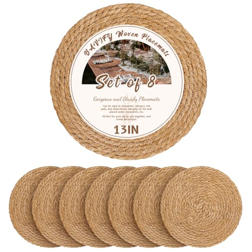 Image of 13 in Round Woven Boho Placemats Set of 8, Wicker Rattan Place Mats Chargers for Dinner Plates, Farmhouse Rustic Table Mats for Dining Table Decor
